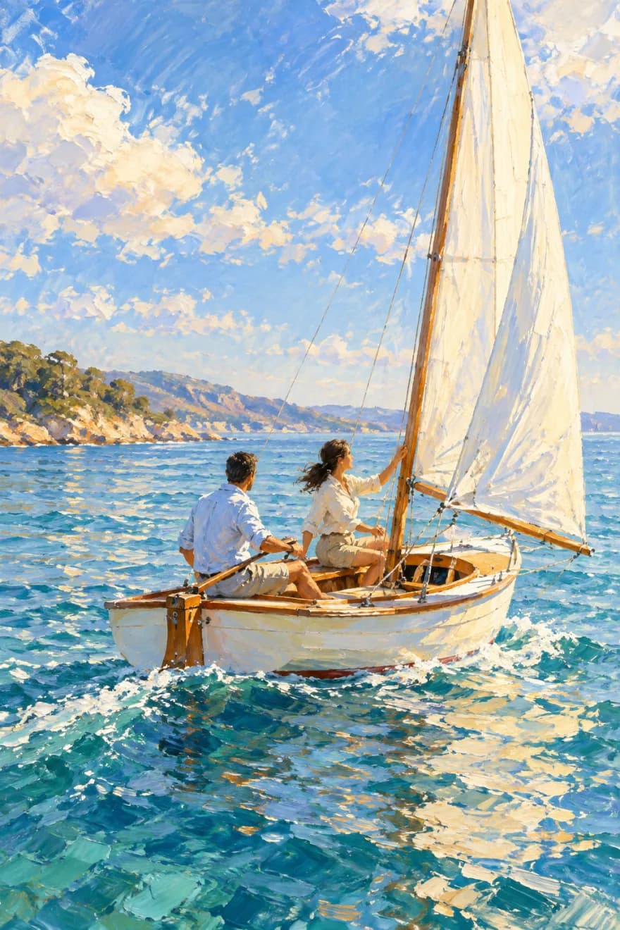 An oil painting of a couple in their thirties sailing a small wooden sailboat together on calm turquoise coastal water, one steering and the other adjusting the white sail, with the coastline behind them