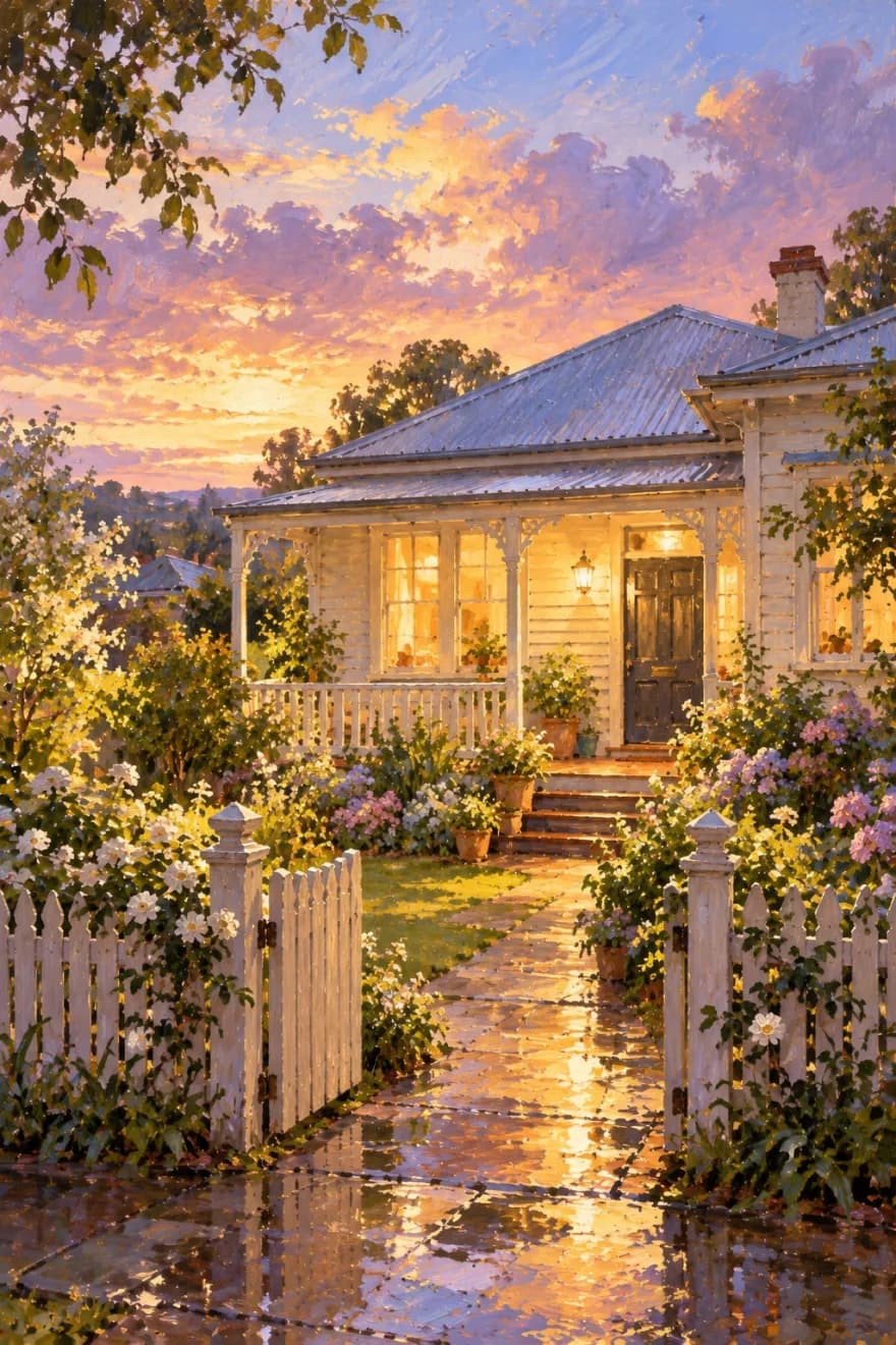 An oil painting of a white weatherboard cottage with a verandah at dusk after rain, every window lit warm and the porch lamp on, with a white picket fence, a garden and a wet path reflecting the light under a lavender and gold sky