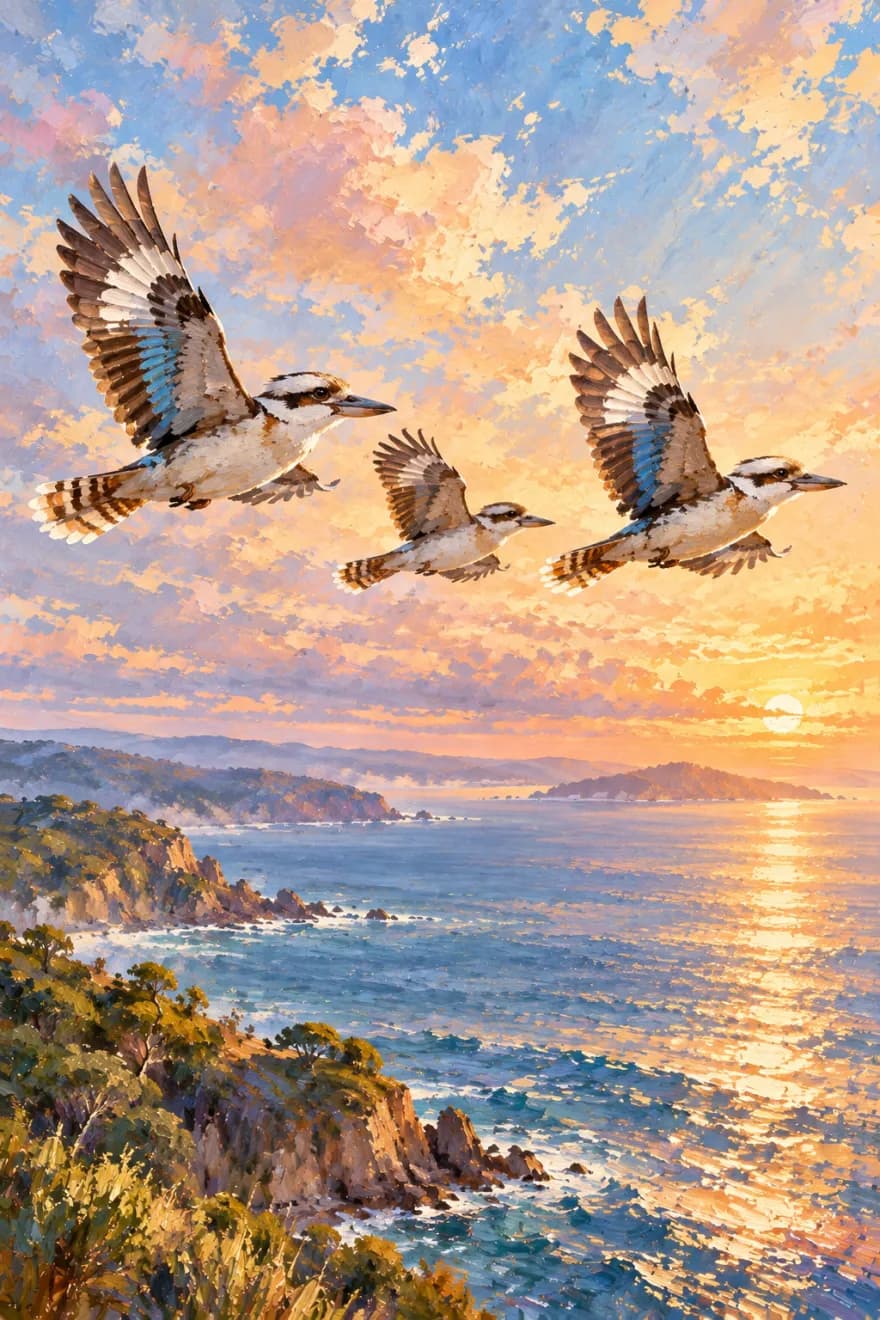 An oil painting of three kookaburras flying over a rocky coastline and sea at sunset