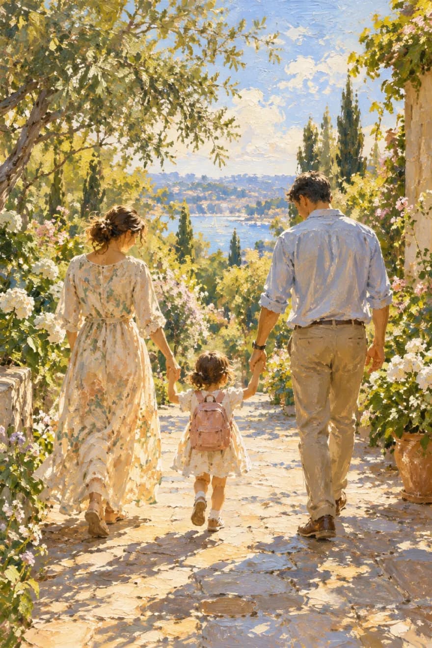 An oil painting of a mother and father walking hand in hand with their small daughter down a sunny garden path towards the water