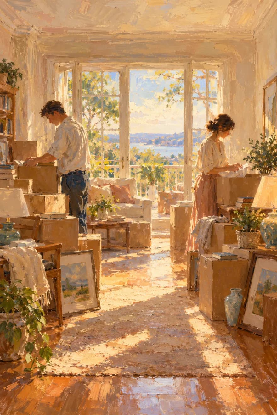 An oil painting of a man and a woman packing moving boxes in a bright living room, with framed paintings and the harbour beyond the windows